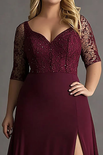 Plus Size Bordeaux Halve Mouwen Lange Kanten Formele Jurk met Split